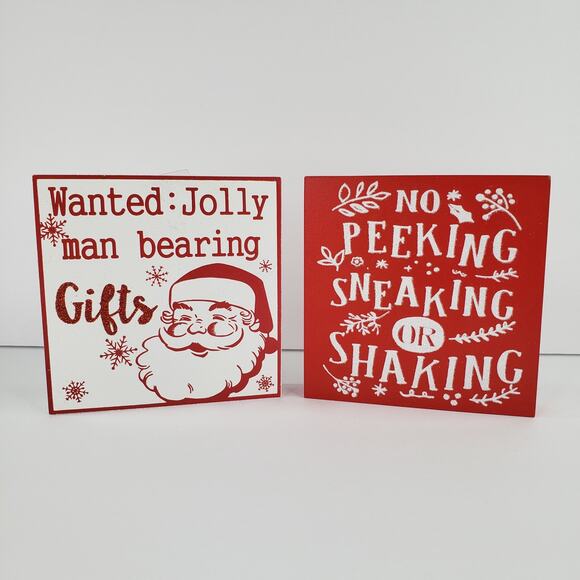 2 Christmas Wood Decor Signs Set Jolly Man No Peeking Holiday Santa Claus - Picture 1 of 7